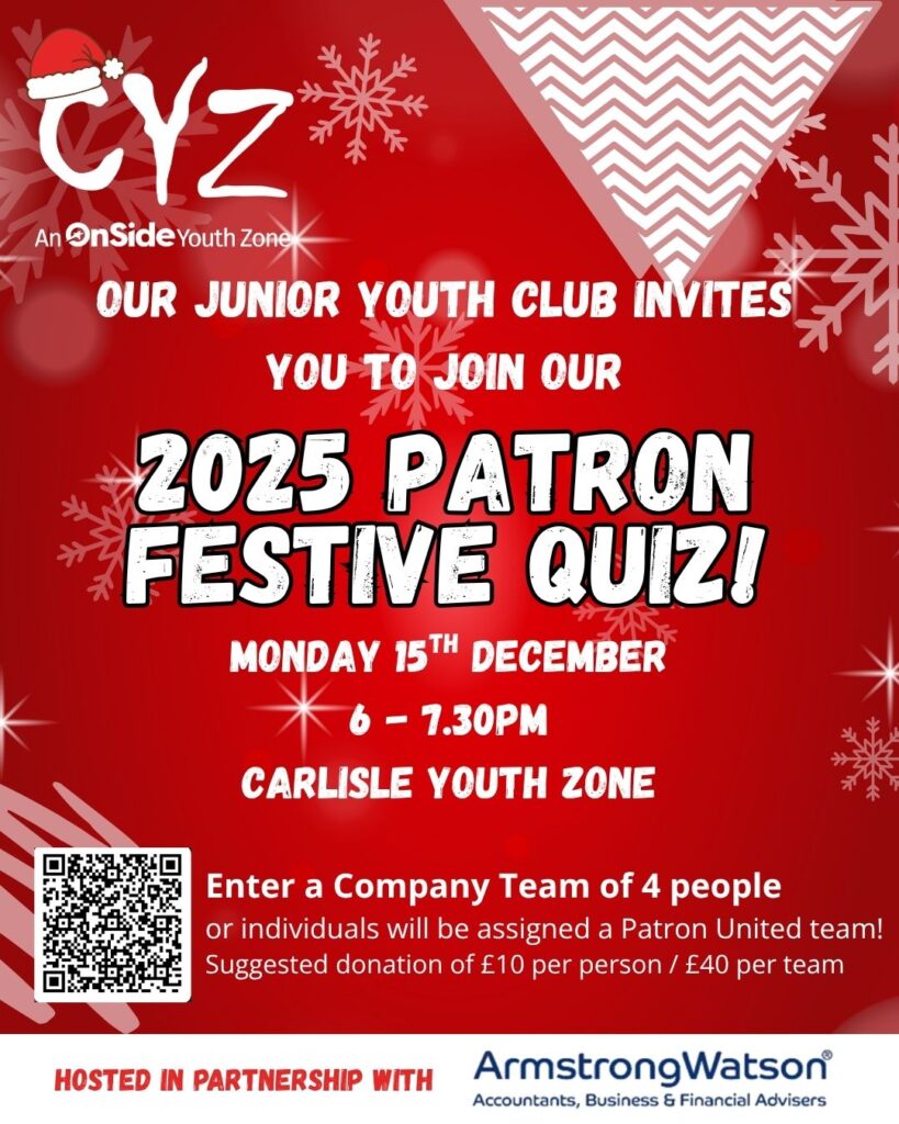 A poster of the 2025 Patron Festive Quiz at CYZ. Red background and white letter.