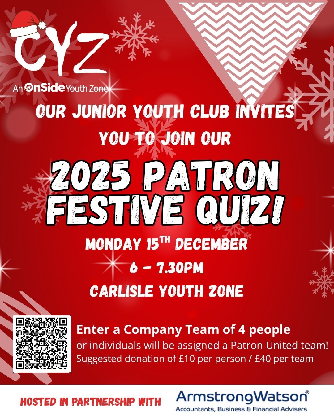 A poster of the 2025 Patron Festive Quiz at CYZ. Red background and white letter.