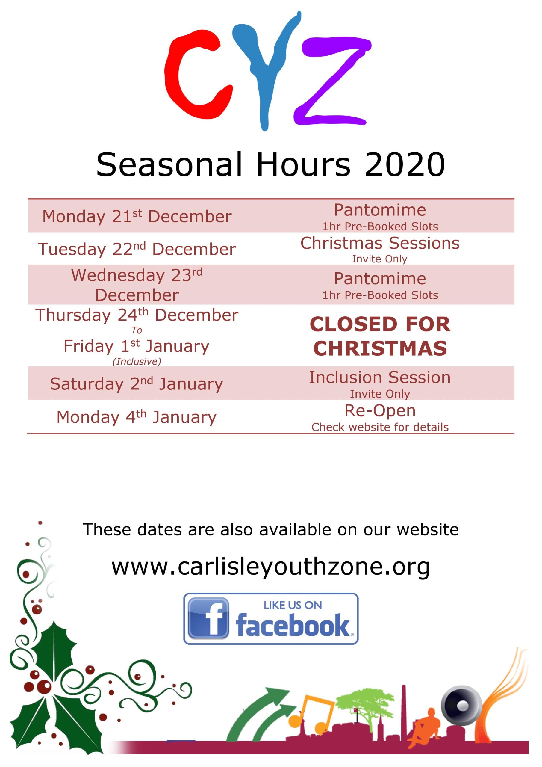 Carlisle Youth Zone Seasonal Hours 2020/21