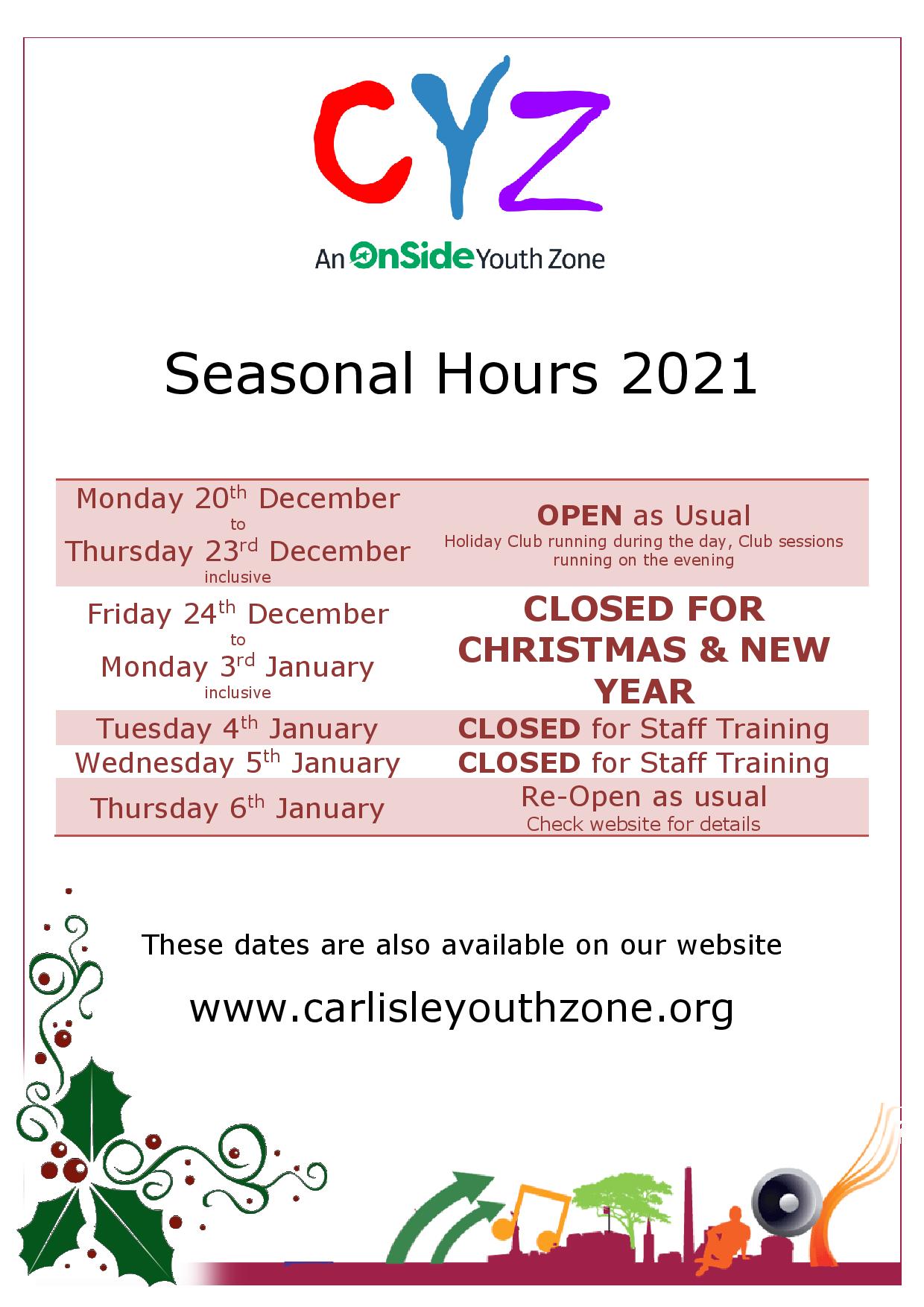 Carlisle Youth Zone 2021 Seasonal Opening Hours